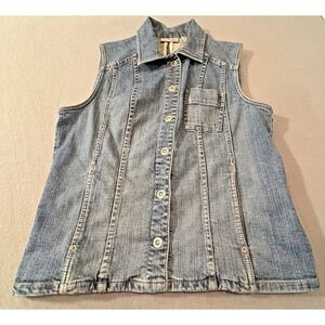 Chico's Platinum Denim Vest Women Size 1‎ (M 8/10) Stretch Jean Button Front Y2K